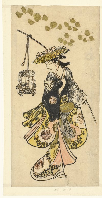 Giovane donna con gabbia per uccelli da Okumura Toshinobu (attributed to)