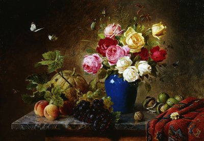 Rose in un vaso, pesche, noci e un melone su un ripiano di marmo, 1891 da Olaf August Hermansen