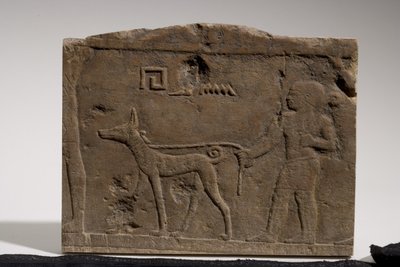 Rilievo raffigurante un nano e un cane da caccia chiamato Ebony, IV-V Dinastia, 2573-2311 a.C. (calcare) da Old Kingdom Egyptian