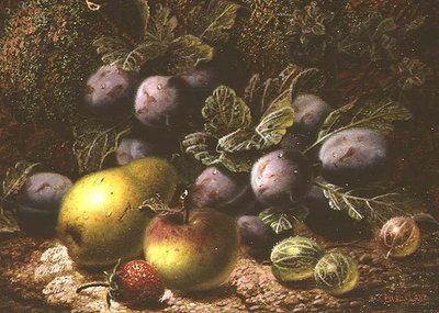 Natura morta con prugne, uva spina, mela, pera e fragola da Oliver Clare