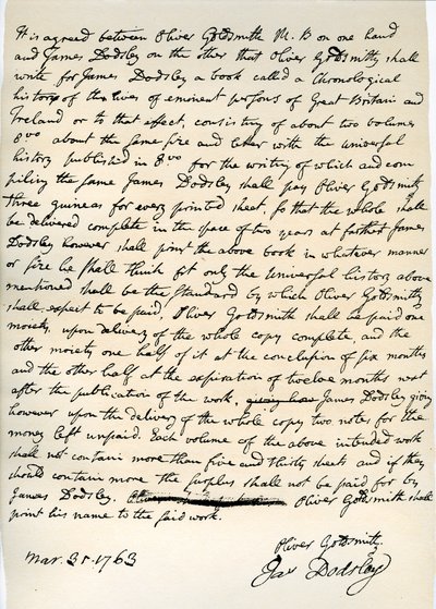 Accordo di Oliver Goldsmith per scrivere per James Dodsley, 31 marzo 1763 da Oliver Goldsmith