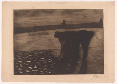Uomo e donna lavorano di sera sul letto di un fiume da Omer Coppens (signed by artist)