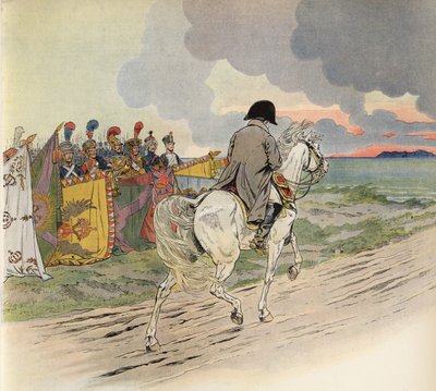 Immagine immaginaria di Napoleone a cavallo, che riceve il rispetto dei soldati d