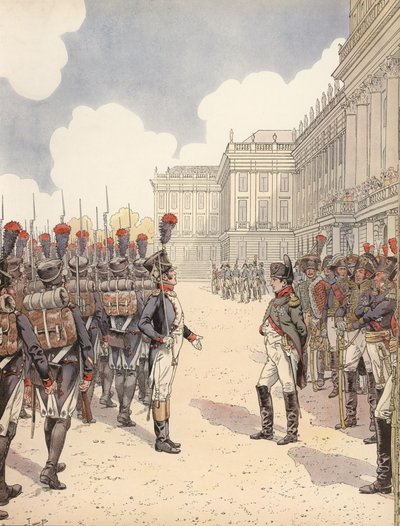 Napoleone avvicinato da un tenente nervoso durante una parata a Schoenbrunn da Onfray de Breville Job
