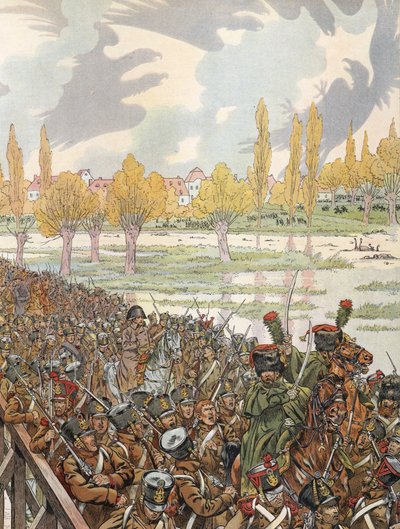 Napoleone che attraversa il ponte di Elster con il suo esercito, con un cielo minaccioso da Onfray de Breville Job