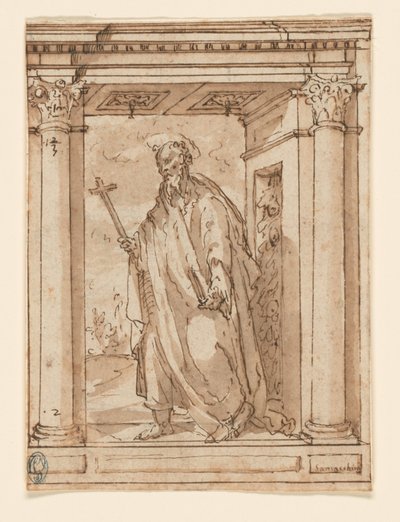 Santo in piedi nel portico da Orazio Samacchini