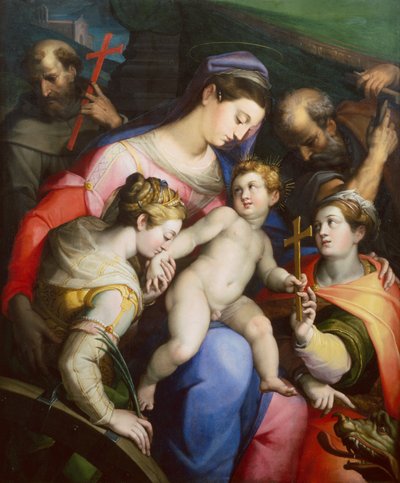 La Sacra Famiglia con i Santi Margherita, Caterina e Francesco da Orazio Samacchini