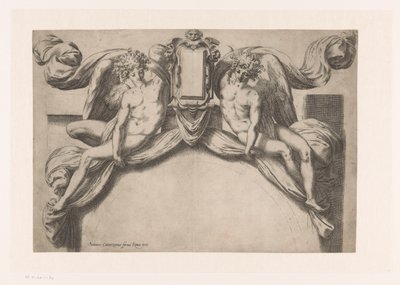 Progetto per una cornice di porta con due geni che tengono un cartiglio da Orazio de Santis (attributed to)