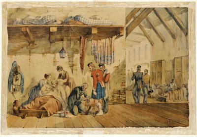 Ospedale di caserma Scutari, scena con infermiere e soldati del reggimento Highland, 1854-56 da Orlando Norie