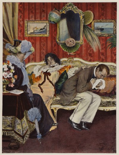 Coppia di novelli sposi in luna di miele, con il marito che soffre di tosse (litografia a colori) da Oscar Bluhm