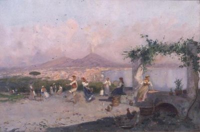 La baia di Napoli con figure che danzano in primo piano da Oscar Ricciardi