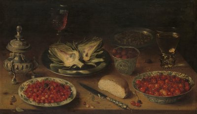 Natura morta con carciofo, frutta in porcellana Kraak, saliera/pepiera da Osias Beert (I)