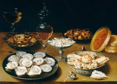 Piatti con ostriche, frutta e vino da Osias the Elder Beert