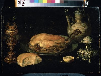 Natura morta con pollo, limone, pane, argenteria e lampada a olio da Osias the Elder Beert