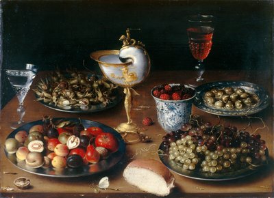 Natura morta con coppa di Nautilus, frutta, noci e vino, c.1610 da Osias the Elder Beert
