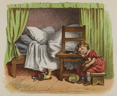 Bambina seduta accanto al suo letto (litografia a colori) da Oskar Pletsch