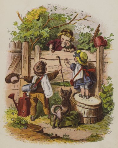 Tre bambini che chiacchierano sopra una recinzione del giardino da Oskar Pletsch