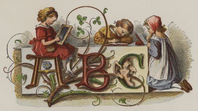 Tre ragazze che praticano la scrittura (litografia a colori) da Oskar Pletsch