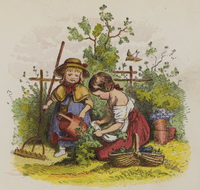 Due ragazze che fanno giardinaggio da Oskar Pletsch
