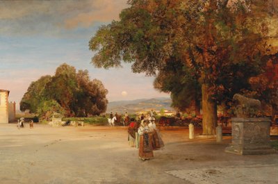 French: Promeneurs sur la terrasse de la Villa Grazioli à Grottaferrata Scene at dusk on the terrace of Villa Grazioli in Grottaferrata da Oswald Achenbach