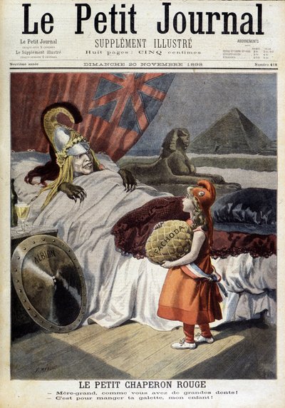 Cappuccetto Rosso. Cartone animato su Fachoda e le ambizioni della "perfida Albione". Incisione di F. Méaulle dopo Tofani. "The Petity Journal", 20 novembre da Oswaldo (after) Tofani