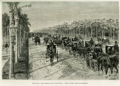 Buenos Aires, Avenida Sarmiento, Parco Tre Febbraio. Incisione di Tofani, per illustrare la storia Viaggio alla Plata, nel 1886, di Emile Daireaux, in Le Tour du monde 1888, diretto da Edouard Charton (1807-1890), Hachette, Parigi. da Oswaldo Tofani