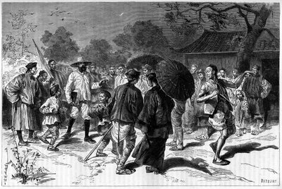 Il dottor Piassetzky viaggia in Cina, sempre accompagnato da cinesi. Incisione da un disegno di Tofani, in "Le Tour du Monde, Nouveau journal des Voyages", a cura di Edouard Charton, Parigi da Oswaldo Tofani