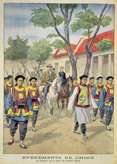 Stranieri europei sotto scorta armata di soldati regolari cinesi durante la ribellione dei Boxer del 1899-1901, illustrazione da 