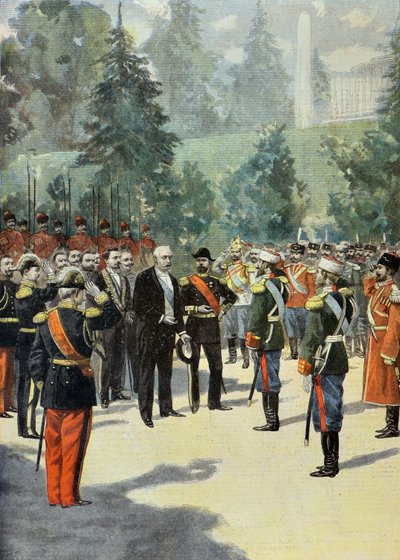 Felix Faure viene accolto da Nicola 2 a Peterhof nel 1897 (Incisione) da Oswaldo Tofani