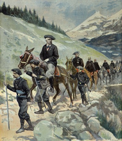 Felix Faure con i cacciatori alpini durante un viaggio sulle Alpi nel 1897 (Incisione) da Oswaldo Tofani