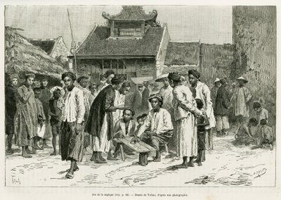 Gioco del sapeque. Incisione di Tofani, per illustrare la storia Trente mois au Tonkin, nel 1884, di Dr Paul Hocquard, in le tour du monde 1890, sotto la direzione di Edouard Charton (1807-1890), Hachette, Parigi. da Oswaldo Tofani