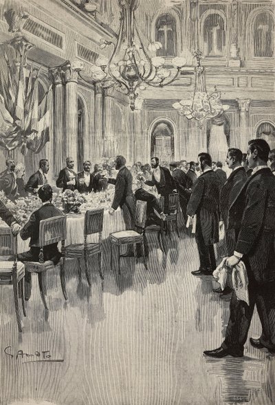 Diplomatici italiani che brindano insieme, Parigi, Francia, incisione da disegno di Gennaro Amato, da schizzo di Osvaldo Tofani, da L