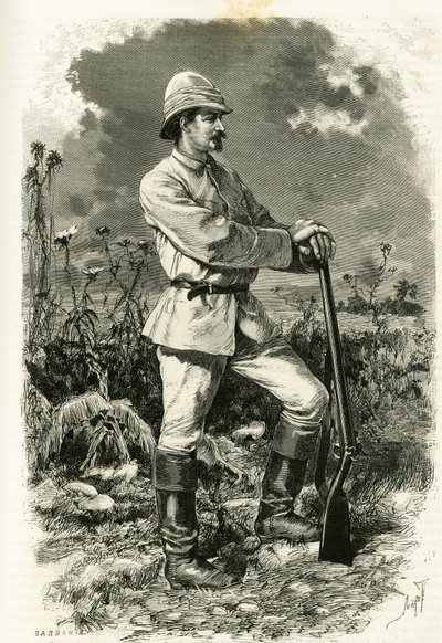Ritratto del Dr. Emile Holub, in abito da esplorazione, incisione di Tofani, per illustrare la storia "Nel paese dei Marutses", nel 1875-1879, del Dr. Emile Holub (1847-1902). Pubblicato nel Tour du monde, 2° semestre 1883, a cura di Edouard Charton (1807- da Oswaldo Tofani