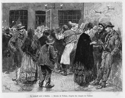 Sabato sera a Dublino. Incisione di Tofani, per illustrare la storia Trois mois en Irlande, nel 1889, di Marie Anne de Bovet, in le tour du monde 1890, diretta da Edouard Charton (1807-1890), Hachette, Parigi. da Oswaldo Tofani
