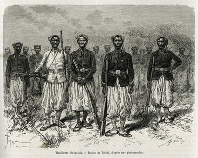 Cavalieri senegalesi della scorta della spedizione. Incisione di Tofani, per illustrare la storia dell