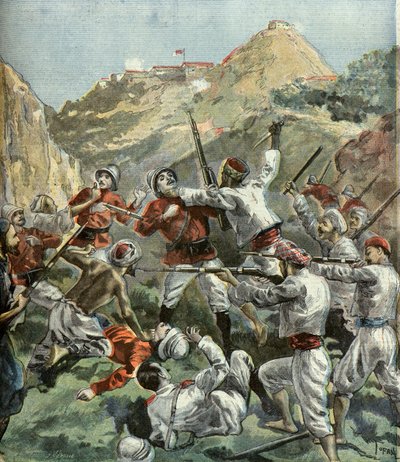 Gli inglesi vengono attaccati al forte di Mala - Khan durante una rivolta in India nel 1897 (Incisione) da Oswaldo Tofani