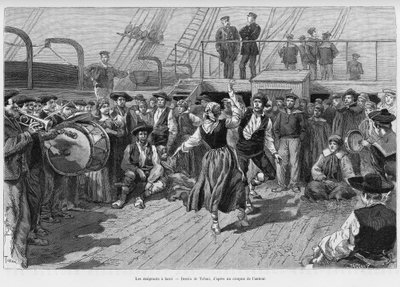 Gli emigranti a bordo. Incisione di Tofani per illustrare la storia Viaggio alla Plata, tre mesi di vacanza di Emile Blaireaux nel 1886, in Le Tour du monde 1887, sotto la direzione di Edouard Charton (1807-1890), Hachette, Parigi. da Oswaldo Tofani