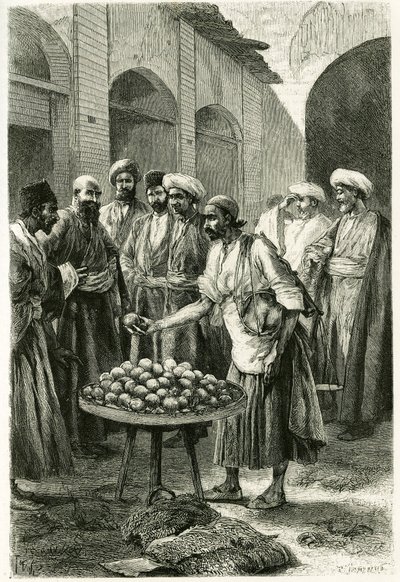 Il mercante di pesce a Kachan (o Kashan, nella provincia di Teheran, attuale Iran). Incisione di Tofani, da una fotografia, per illustrare la storia "Persia, Caldea e Susiana" nel 1881-1882, di Jane Dieulafoy (nata Magre) da Oswaldo Tofani