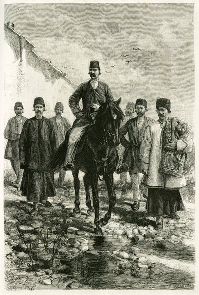 Il governatore di Kachan (o Kashan, nella provincia di Teheran, attuale Iran) cavalca un cavallo nero e il suo seguito è a piedi. Incisione di Tofani, da una fotografia, per illustrare la storia 