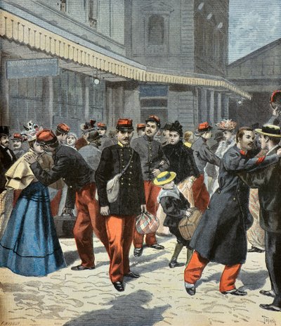 Il ritorno della classe. Dopo il servizio militare, i soldati si riuniscono alle loro famiglie 1897 (Incisione) da Oswaldo Tofani