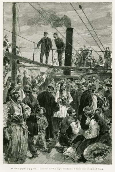 Il ponte della nave. Incisione di Tofani per illustrare la storia Viaggio in Tessaglia nel 1882, di Paul Monceaux, in Le Tour du monde 1887, diretto da Edouard Charton (1807-1890), Hachette, Parigi. da Oswaldo Tofani