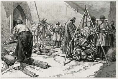 La pesatura dei bagagli prima della partenza della spedizione nuziale Delafoy. Incisione di Tofani, per illustrare la storia 