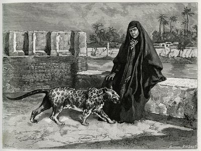 Torkan Khanoum, favorita dello sceicco Moses, potente capo tribale di Arabistan con la sua pantera. Incisione di Tofani, per illustrare il racconto “Persia, Caldea e Susiana” da Oswaldo Tofani