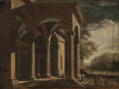 Fantasia architettonica di un palazzo in un paesaggio da Ottavio Viviani