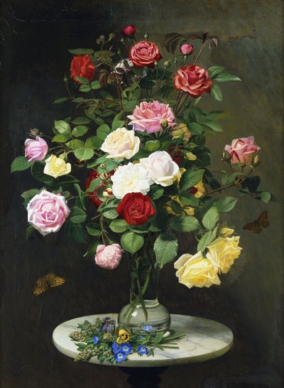 Un mazzo di rose in un vaso di vetro con fiori selvatici su un tavolo di marmo, 1882 da Otto Didrik Ottesen