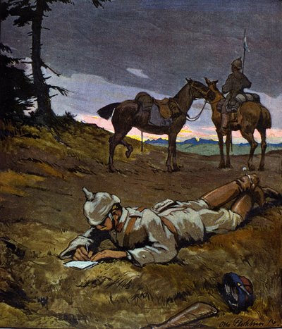 Prima Guerra Mondiale (1914-1918): Cavalieri tedeschi in ricognizione nel 1914. Indossano elmetti con punte. Dipinto di Otto Flechner per la rivista “Jugend”. XX secolo da Otto Flechtner