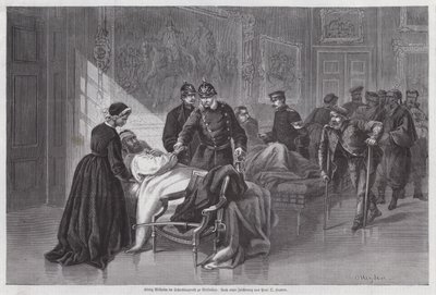 Il re Guglielmo I di Prussia incontra i soldati feriti nel Palazzo di Versailles, Francia, Guerra Franco-Prussiana da Otto Johann Heinrich Heyden