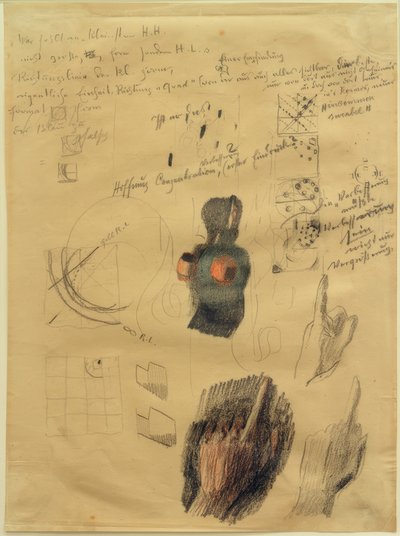 Foglio di schizzi con studi di composizione e mani per Alzare le mani (Risposte) da Otto Meyer Amden