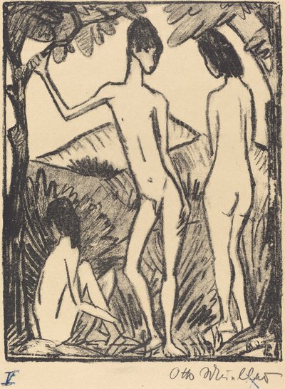 Ragazzo in piedi e due ragazze da Otto Müller