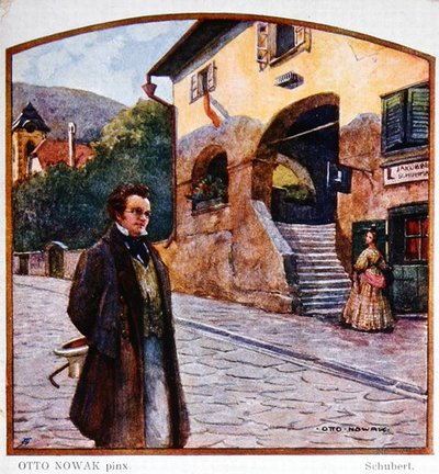 Franz Peter Schubert (1787-1828) davanti alla casa del calzolaio, c.1910 da Otto Robert Nowak